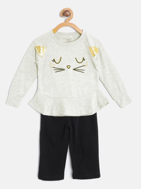 

Sweet Dreams Girls Grey Melange & Black Solid Night suit