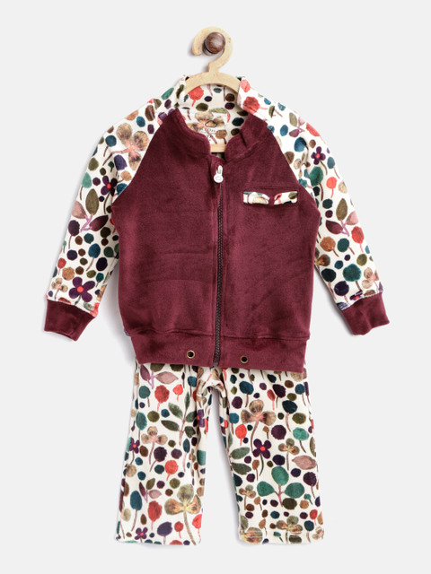 

Sweet Dreams Girls Burgundy & Cream-Coloured Printed Tracksuit with Velvet Finish