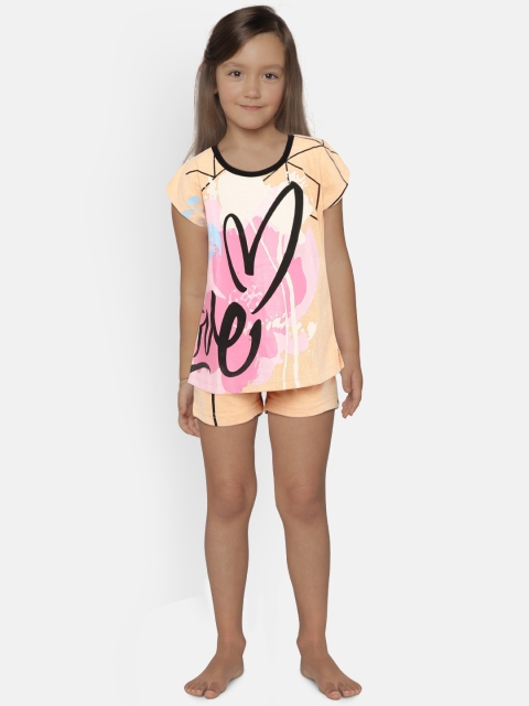 

Sweet Dreams Girls Orange Printed Night suit