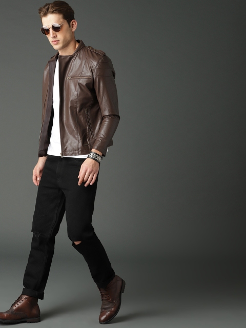 

Roadster Men Brown Solid Biker Jacket