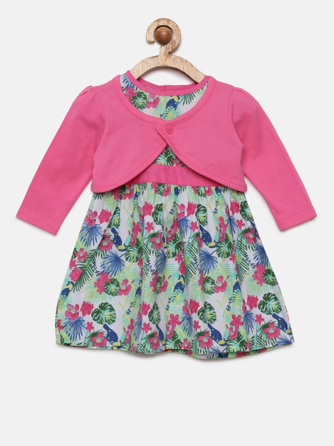 

Mini Moi Girls Multicoloured Printed Fit and Flare Dress With Pink Solid Shrug, Multi