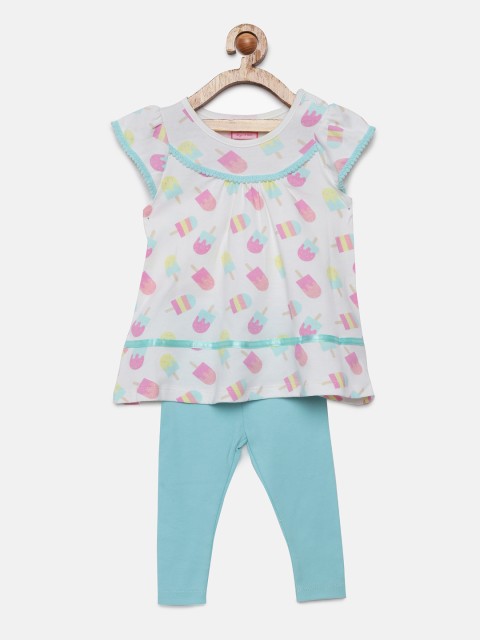 

Mini Moi Girls White & Blue Printed Top With Leggings