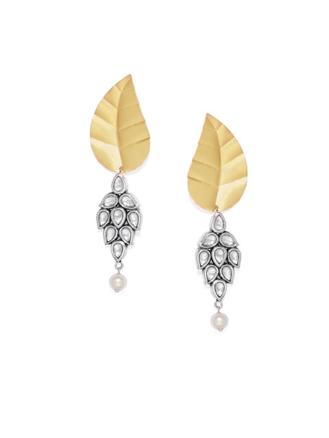 

AccessHer Gold-Toned German Silver Leaf Shaped Drop Earrings with Jadau Kundan