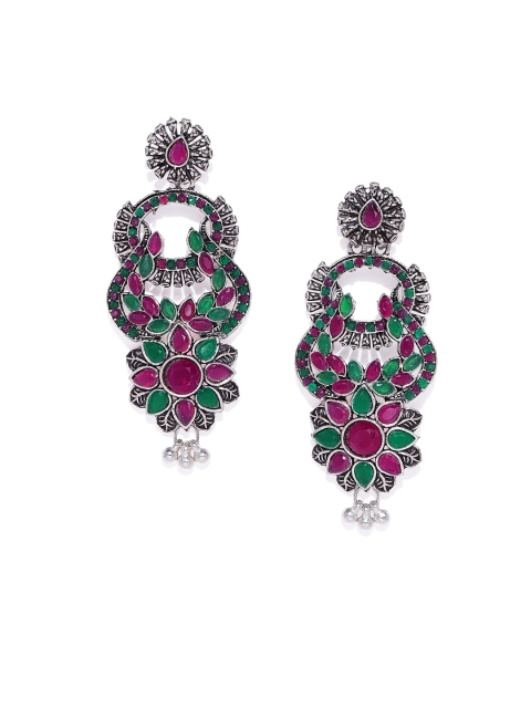 

AccessHer Silver-Plated & Green Floral Jhumkas