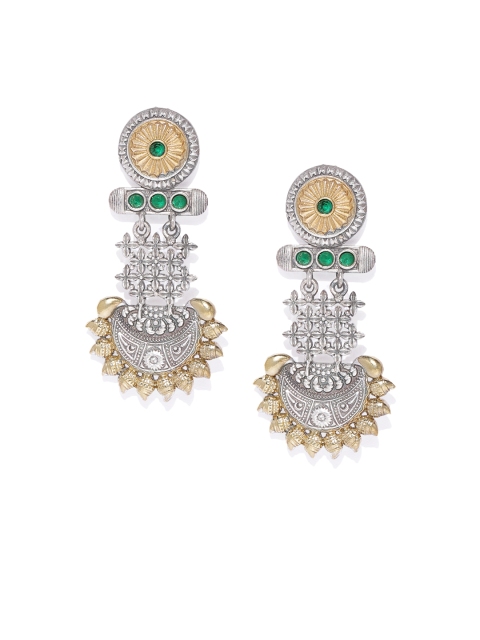 

AccessHer Silver-Toned & Green Contemporary Drop Earrings