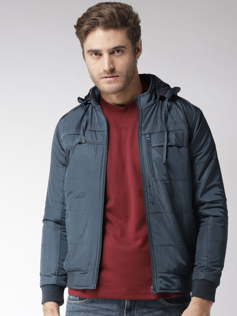 

Okane Men Navy Blue Solid Bomber Jacket with Detachable Hood