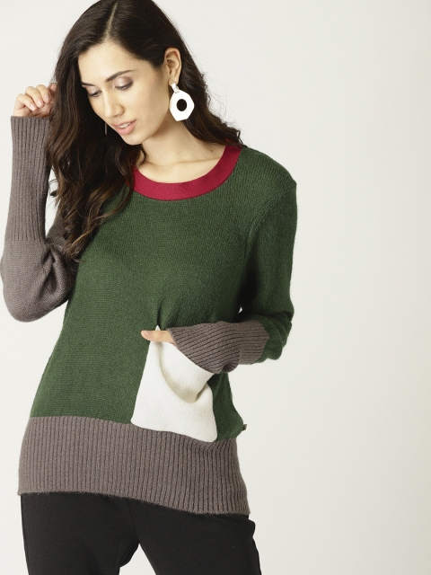 

United Colors of Benetton Women Green & Grey Solid Pullover