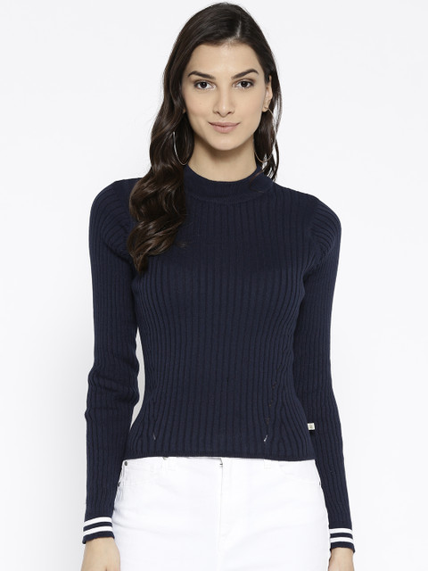 

United Colors of Benetton Women Navy Blue Self Striped Fitted Top