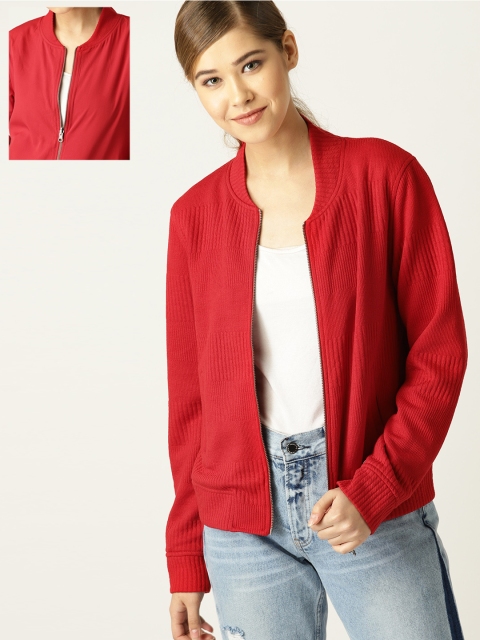 

United Colors of Benetton Women Red Self-Striped Bomber Jacket