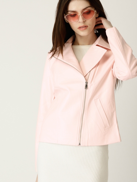 

United Colors of Benetton Women Pink Solid Asymmetric Closure Biker Jacket
