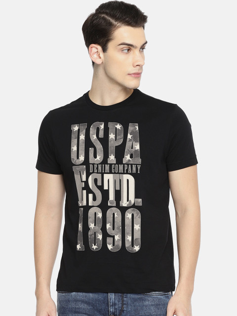 

U.S. Polo Assn. Denim Co. Men Black Printed Round Neck Pure Cotton T-shirt