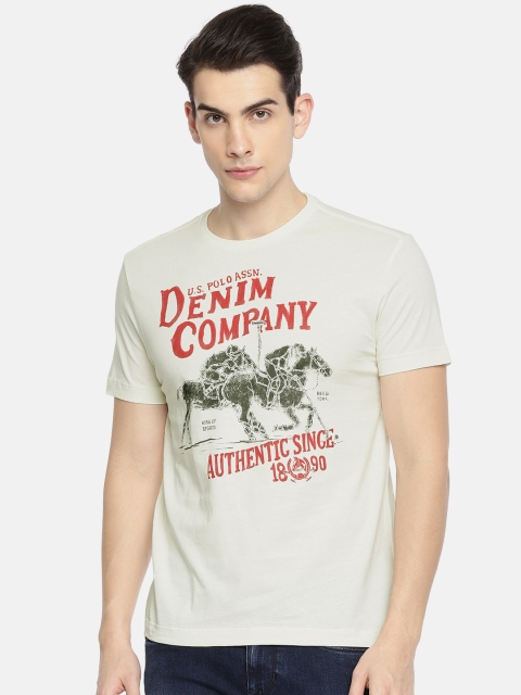 

U.S. Polo Assn. Denim Co. Men Off-White Printed Round Neck Pure Cotton T-shirt