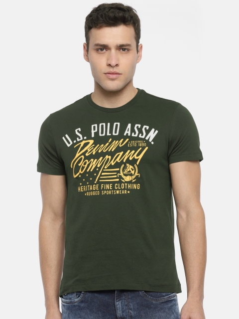 

U.S. Polo Assn. Denim Co. Men Olive Green Printed Round Neck Pure Cotton T-shirt