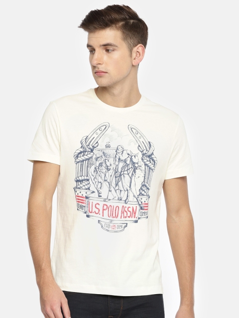 

U.S. Polo Assn. Denim Co. Men Cream-Coloured Solid Round Neck Pure Cotton T-shirt