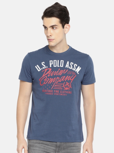 

U.S. Polo Assn. Denim Co. Men Navy Blue Printed Round Neck Pure Cotton T-shirt