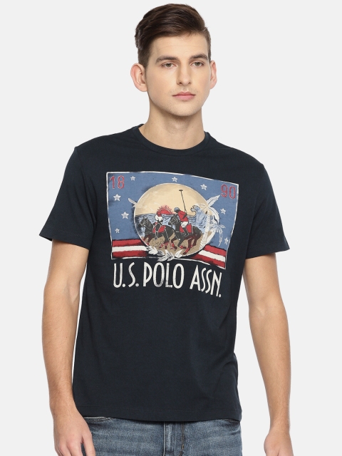 

U.S. Polo Assn. Denim Co. Men Navy Blue Printed Round Neck Pure Cotton T-shirt
