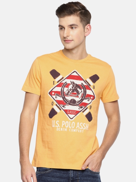 

U.S. Polo Assn. Denim Co. Men Mustard Yellow Printed Round Neck T-shirt