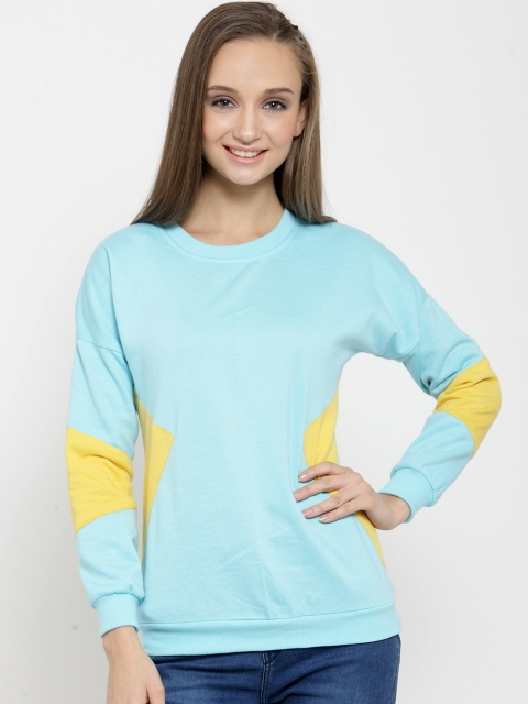 

Belle Fille Women Turquoise Blue & Yellow Colourblocked Sweatshirt