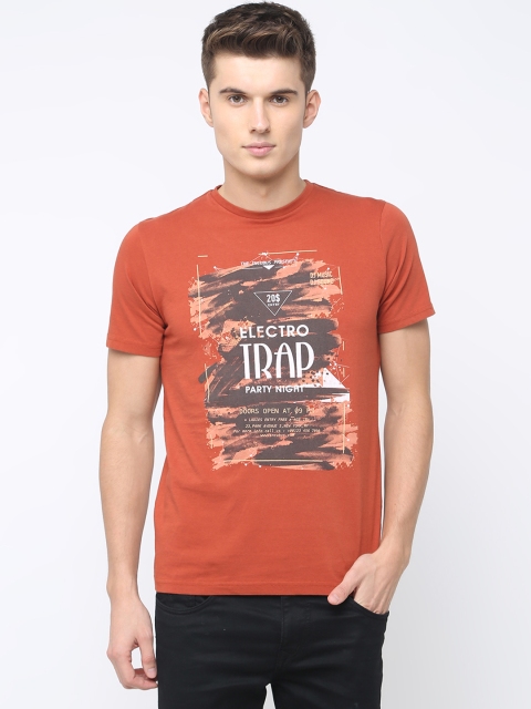 

Basics Men Orange Printed Round Neck T-shirt