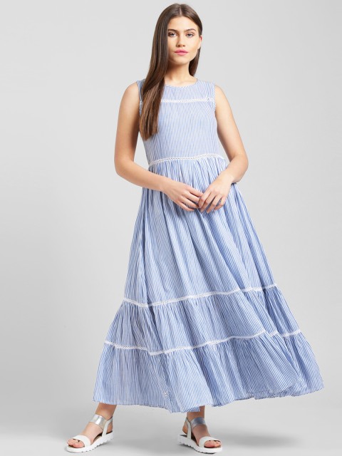 

Taanz Women White & Blue Striped Fit and Flare Dress