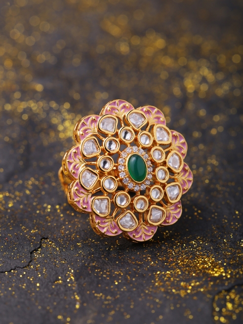 

Studio Voylla Women Gold-Plated Pink & Green Stone-Studded Enamelled Ring