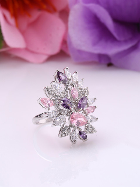 

Studio Voylla Women Gold-Plated Pink & Blue CZ Stone-Studded Ring, Silver