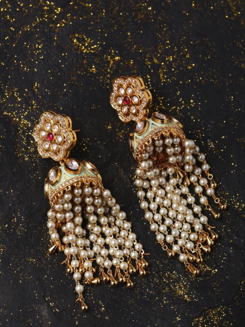 

Voylla Gold-Plated & White Contemporary Kundan Studded Handcrafted Jhumkas