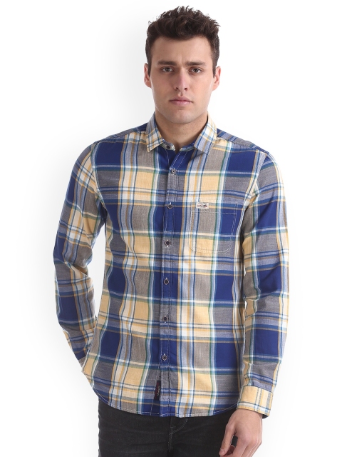 

U.S. Polo Assn. Denim Co. Men Navy Blue & Yellow Slim Fit Checked Casual Shirt