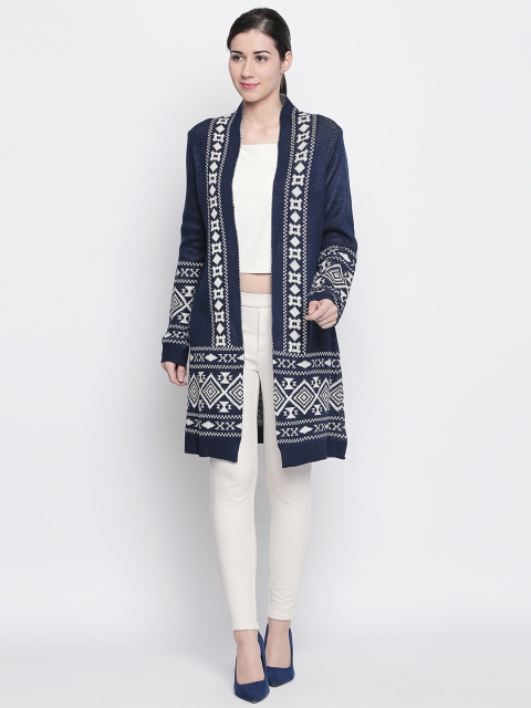 

RANGMANCH BY PANTALOONS Women Navy Blue & White Self Design Longline Jacket