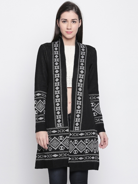 

RANGMANCH BY PANTALOONS Women Black & White Self Design Longline Jacket