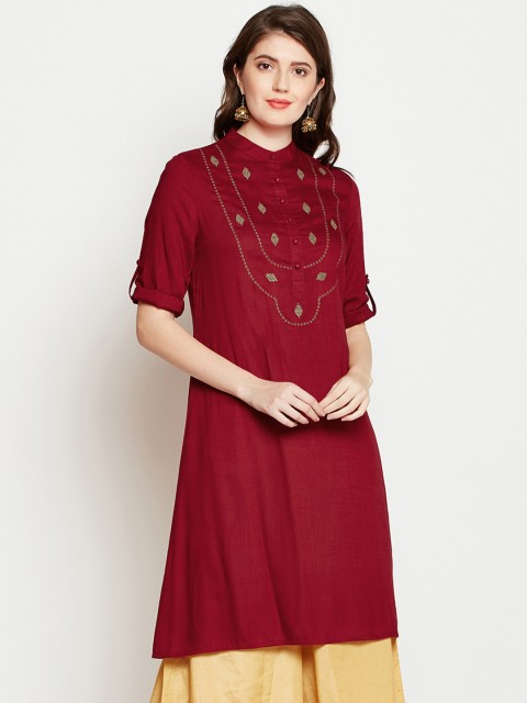 

RARE ROOTS Women Maroon Embroidered A-Line Kurta