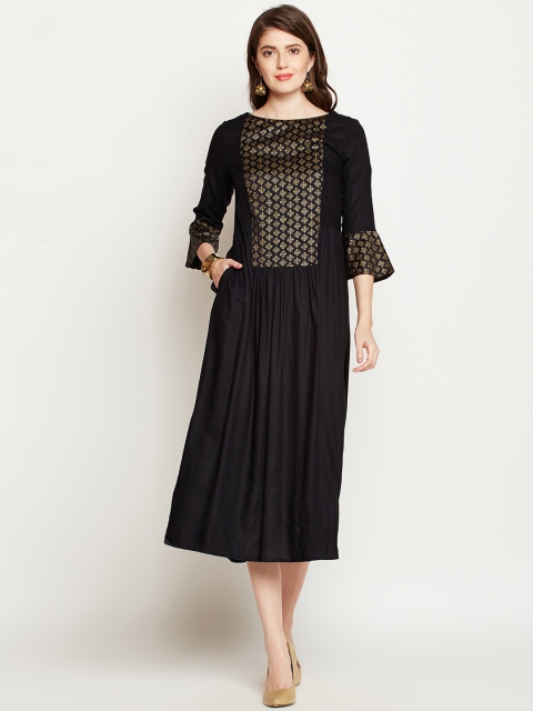 

RARE ROOTS Women Black Printed Fit and Flare Dress