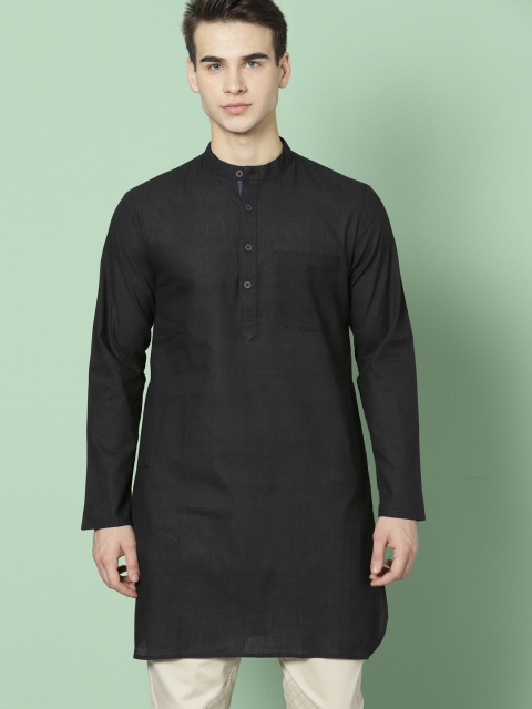 

House of Pataudi Men Black Solid Straight Kurta