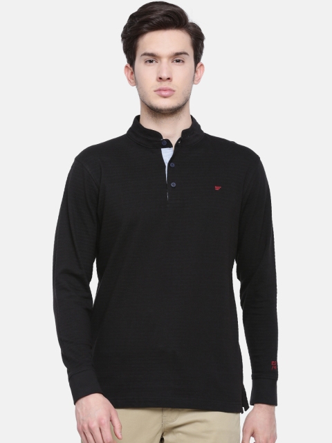 

t-base Men Black Self Design Mandarin Collar T-shirt