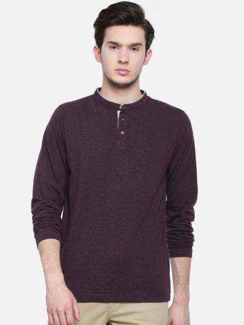 

t-base Men Maroon Solid Henley Neck T-shirt