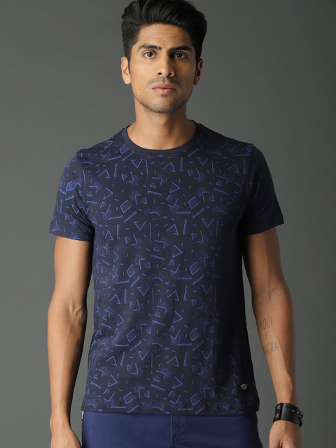 

Roadster Men Navy Blue Allover Printed Round Neck T-shirt