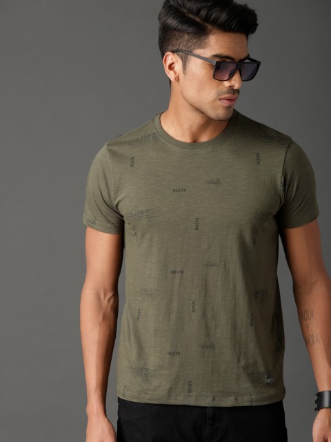 

Roadster Men Olive Green Allover Printed Round Neck T-shirt