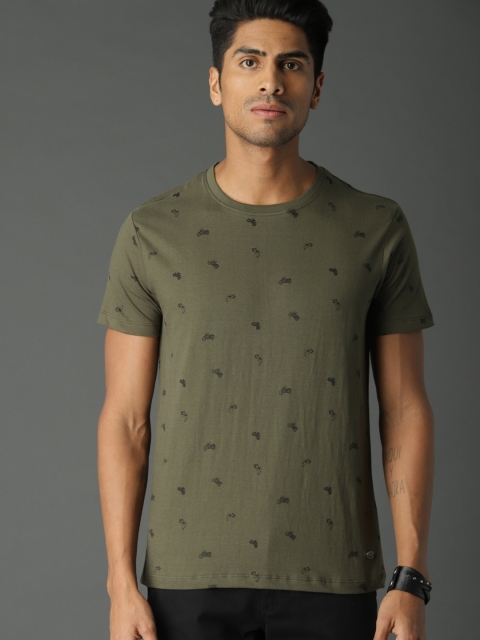 

Roadster Men Olive Green Allover Printed Round Neck T-shirt