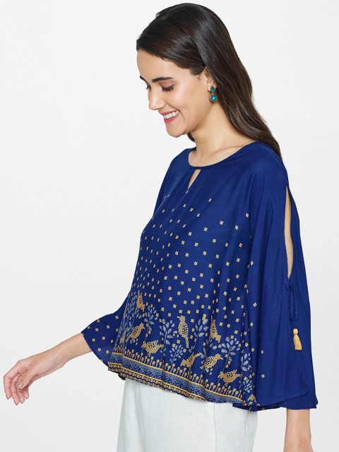 

Global Desi Women Blue Printed Kaftan Top