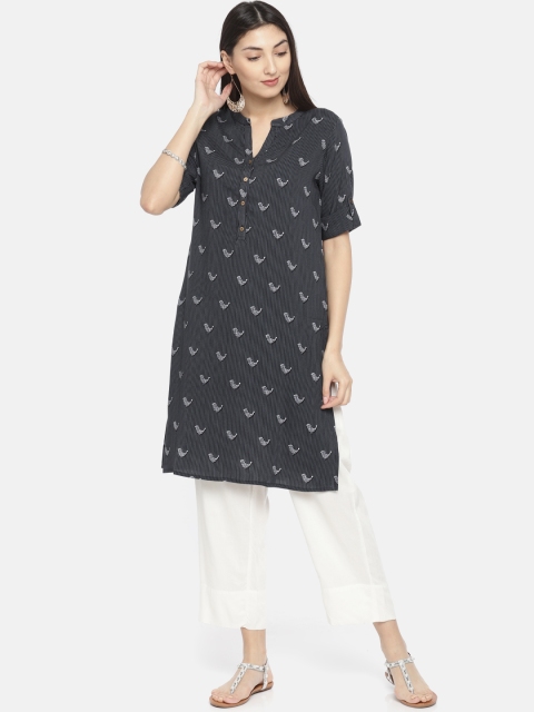 

Global Desi Women Black & White Printed Straight Kurta