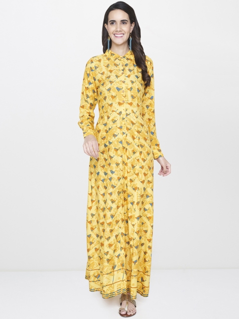 

Global Desi Women Mustard Yellow Printed Maxi Dress