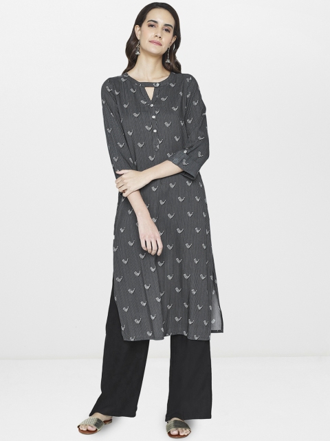 

Global Desi Women Black & Grey Printed Straight Kurta