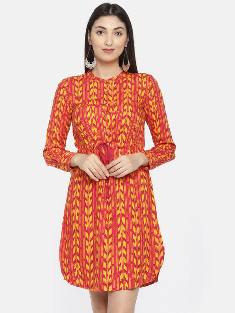 

Global Desi Women Pink & Yellow Printed A-Line Dress