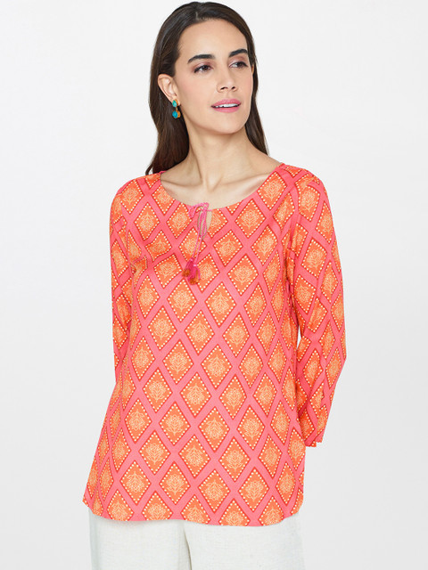 

Global Desi Women Coral Pink & Orange Printed Top