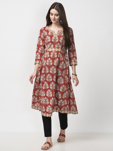 

Fabindia Women Rust Orange & Beige Hand Block Print A-Line Kurta
