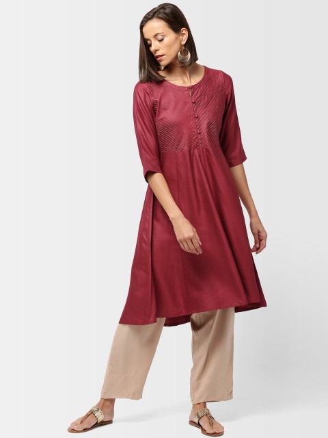 

Fabindia Women Maroon Yoke Design A-Line Kurta
