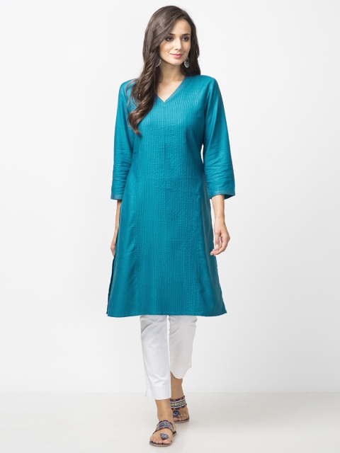 

Fabindia Women Teal Green Solid A-Line Kurta