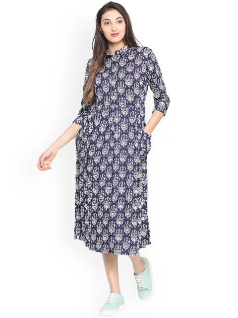 

People Women Navy Blue & White Printed Shirt Dress
