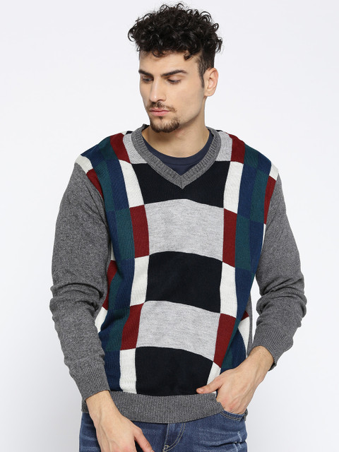 

American Eye Men Grey Melange & Black Checked Pullover