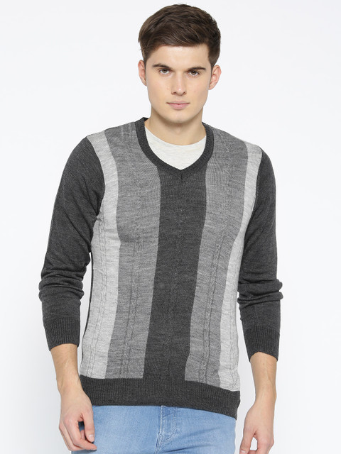 

American Eye Men Charcoal Grey Striped Acrylic Pullover